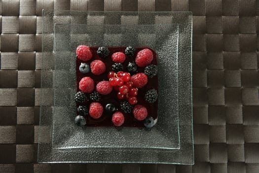Berries, mixed dessert with strwberry syrup