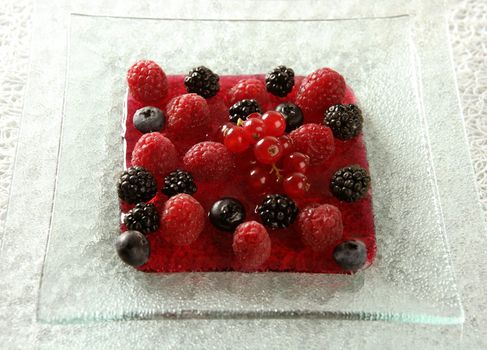 Berries, mixed dessert with strwberry syrup