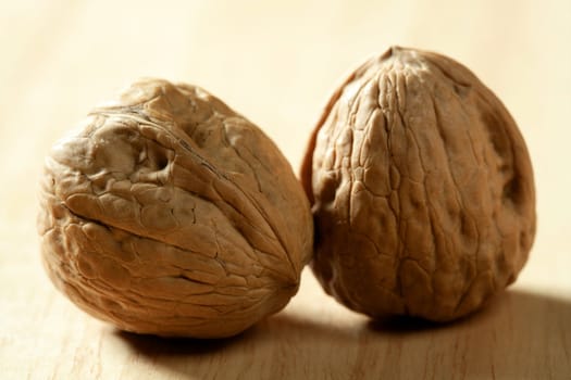 Two macro walnut with shells over maple wooden background