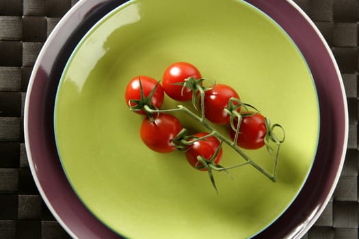 Red cherry tomatoes branch over green plate