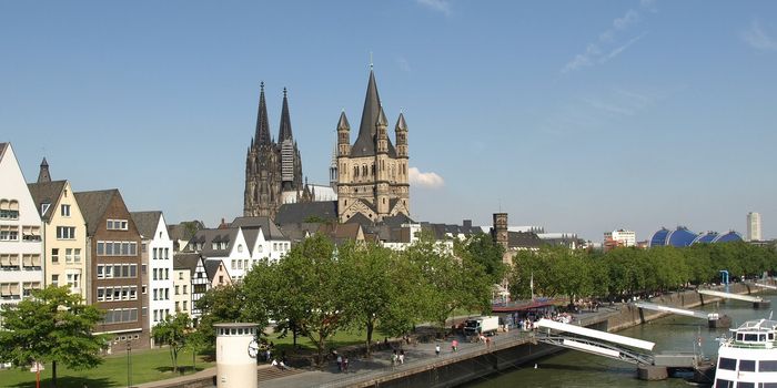 Koeln (Germany) panorama including the gothic cathedral and river Rhine