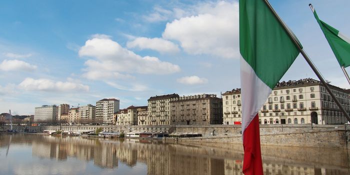 Celebrative flags for the 150th anniversary year of Italian unification March 17 2011 in Turin Piedmont Italy
