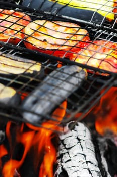 Vegetables cooking on the grill