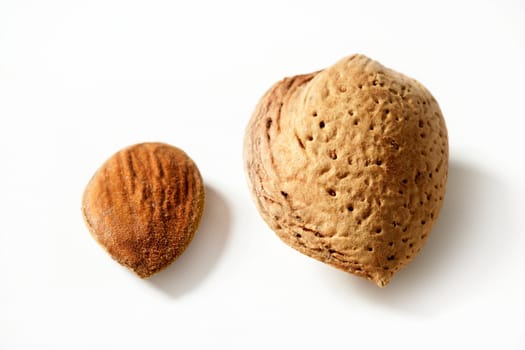 Almond macro image over white background, studio shot