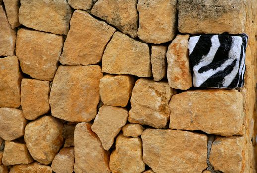 Unique, alone, only one zebra texture painted stone over masonry wall