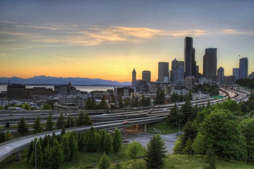 Seattle Washington Skyline and Freeway at Sunset