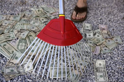 Cleaning black dolar money with rake, metaphor of abundance