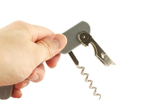 Someone holding a bottle opener, isolated towards white