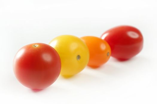 Little cherry varied multi color tomatoes, at studio, white background