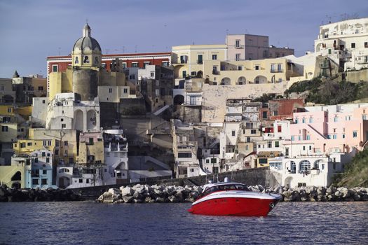 ITALY, Campania, Procica island, aerial a luxury yacht in the island's bay