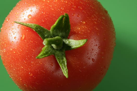 Red wet tomato macro over green background at studio