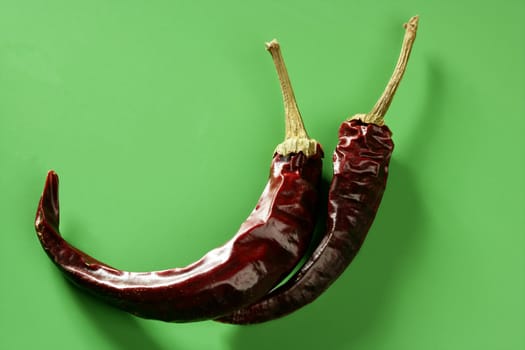 Two dried pepper, chili , over vivid studio green background