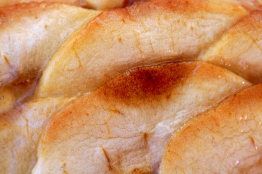 Apple cake macro detail, close up of cut slice pie