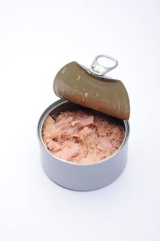 Tuna food can, with lid open showing the ring pull, no label.
