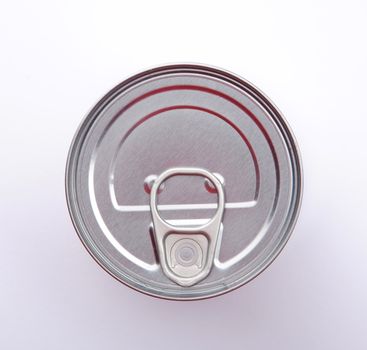 Top of silver food can, showing the ring pull on the lid.