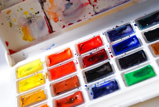 closeup of artistic watercolors and palette