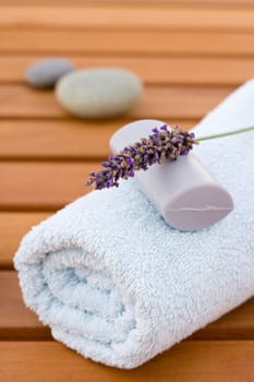 Calm spa concept with towel and lavender for relaxation properties