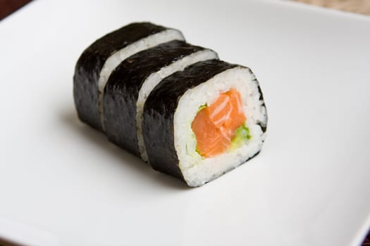 Fresh japanese salmon sushi served on a white plate