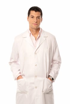 Doctor smile hands on pockets isolated on white background