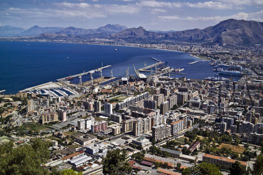 ITALY, Sicily, Palermo, panoramic view of the city and the port seen from Pellegrino mount