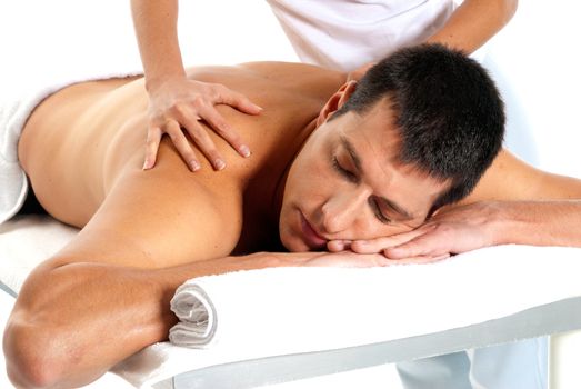 Man receiving massage relax treatment close-up from female hands 