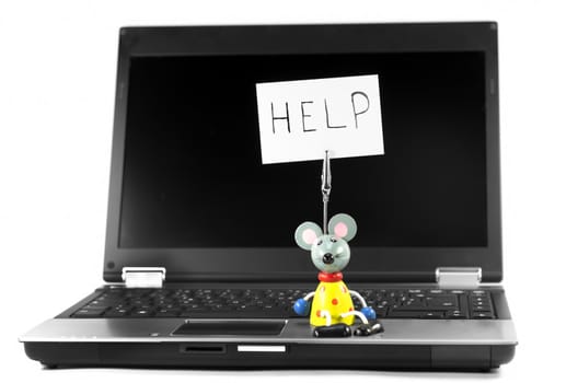 a laptop and a mouse asking for help