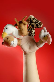 Finger puppets on a toddler hand over red background