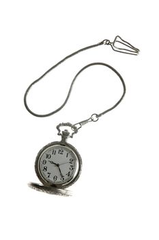 Old silver pocket watch clock with chain, isolated over white