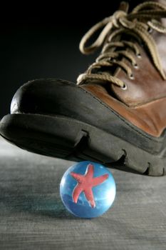 Ecology metaphor with boot treading a red starfish