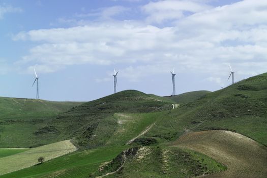 ITALY, Sicily, Francofonte/Catania province, countryside, Eolic energy turbines