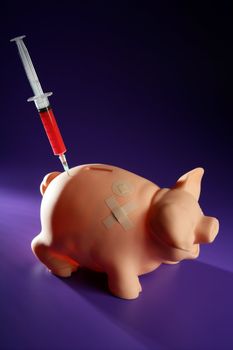 Piggy bank with capital injection, crisis metaphor, govern solution