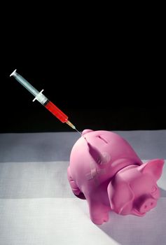 Piggy bank with capital injection, crisis metaphor, govern solution