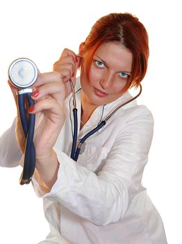 doctor (woman) with phonendoscope on a white background