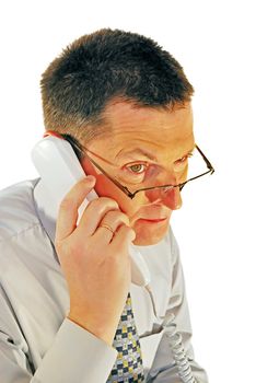 portrait of man in glasses with a telephone