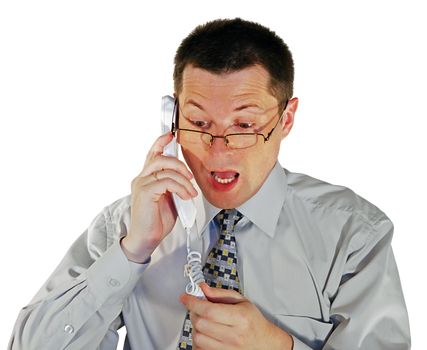 portrait of man in glasses with a telephone