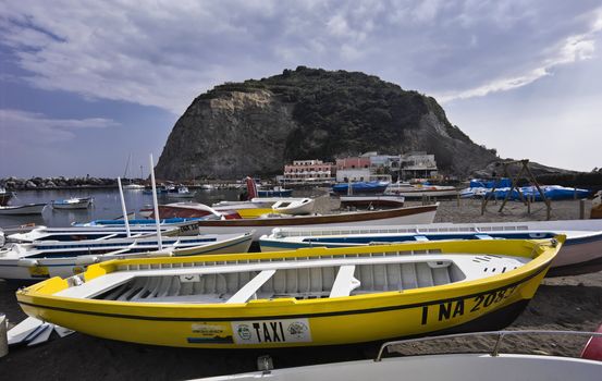ITALY, Campania, Ischia island, S.Angelo, fishermen boats at S.Angelo promontory