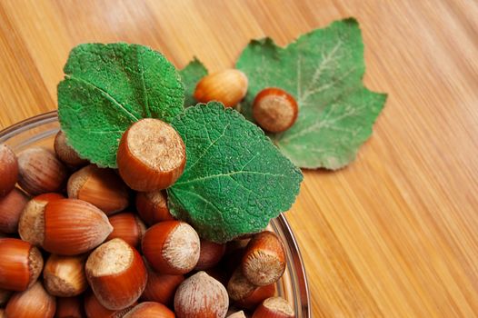 Some hazelnuts in plate with leaves