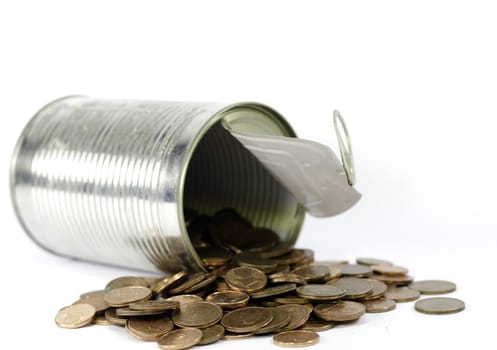 euros coins in an open tin can