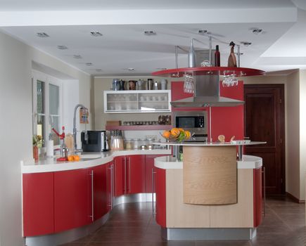 Shot of beautiful red modern kitchen, interior