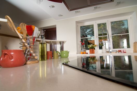 View on the kitchen tools, tabletop and cooker