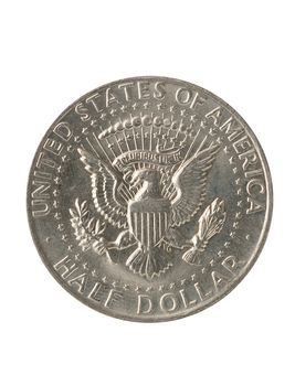 Half dollar coin, on white background, with clipping path.