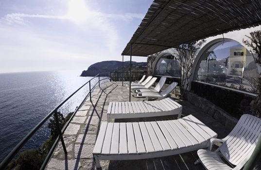 ITALY, Campania, Ischia island, S.Angelo, view of the island's coast from the terrace of the "Tropical Residence", a thermal hotel in S.Angelo