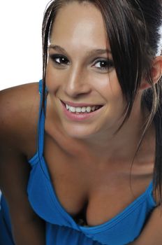 attractive young woman in casual dress against a white background