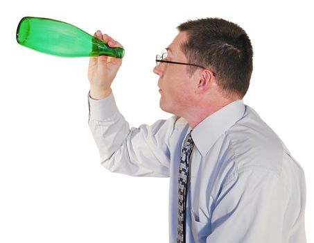 portrait of man in glasses with a bottle on white background