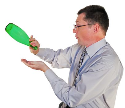 portrait of man in glasses with a bottle on white background