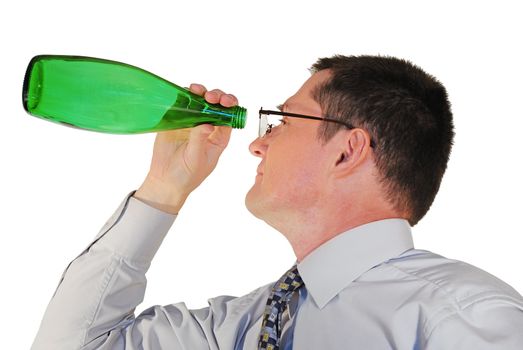 portrait of man in glasses with a bottle on white background