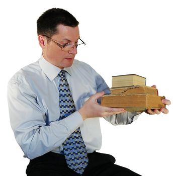  man with a age-old books, isolated on a white background