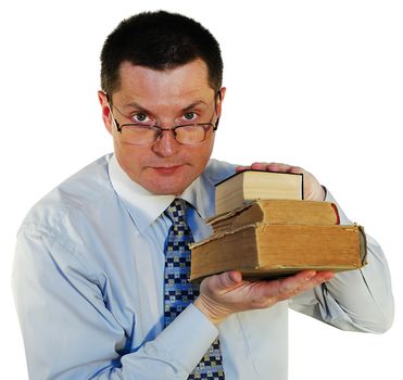  man with a age-old books, isolated on a white background