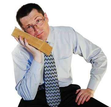  man with a age-old books, isolated on a white background