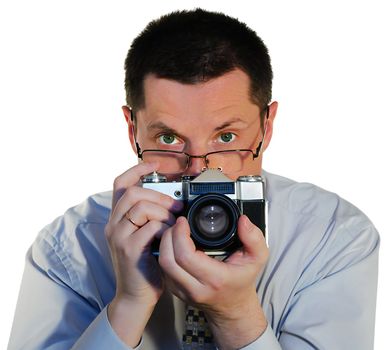 photographer with a old photocamera close up